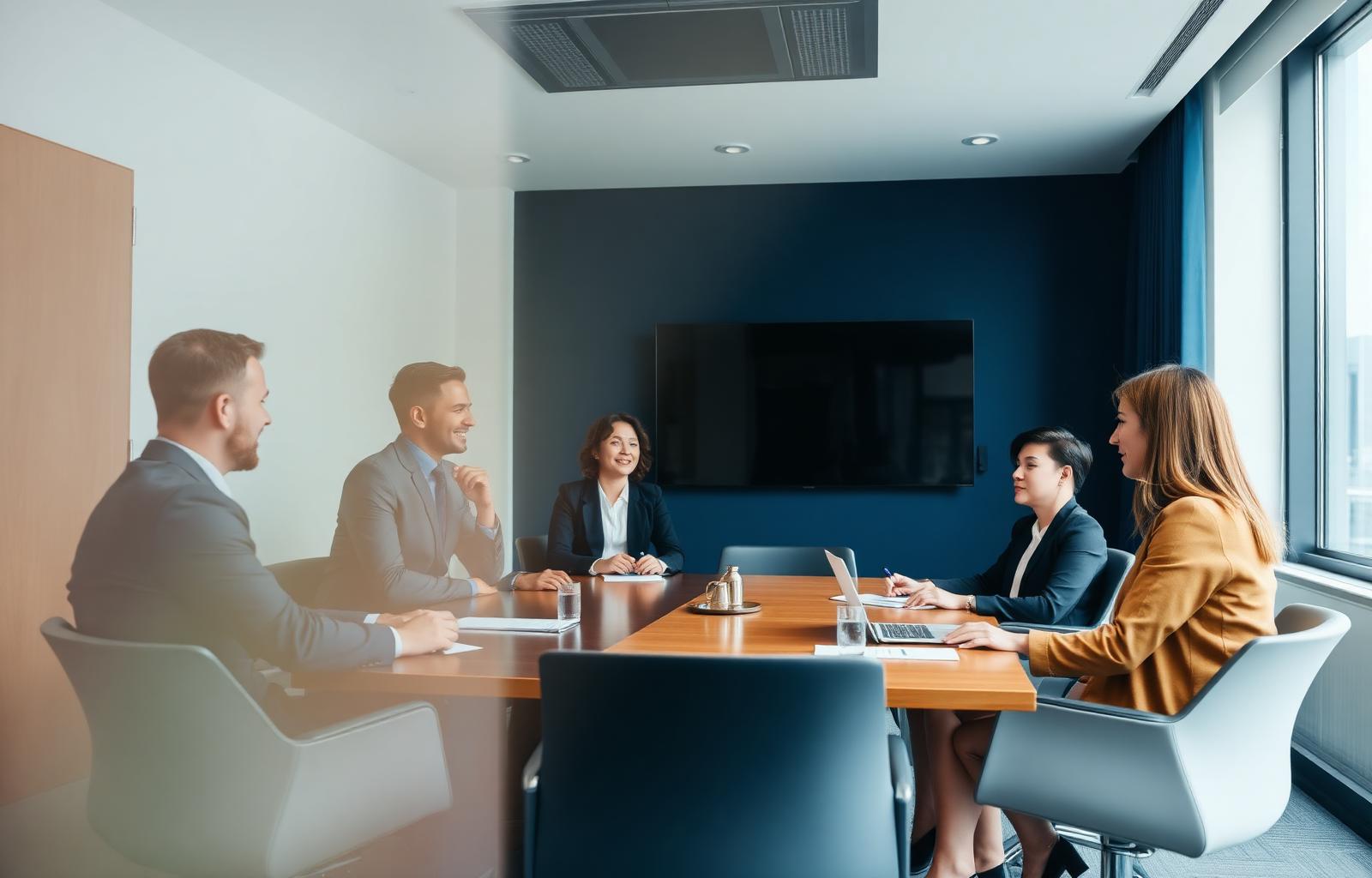 Reunião corporativa com diversos profissionais em sala moderna
