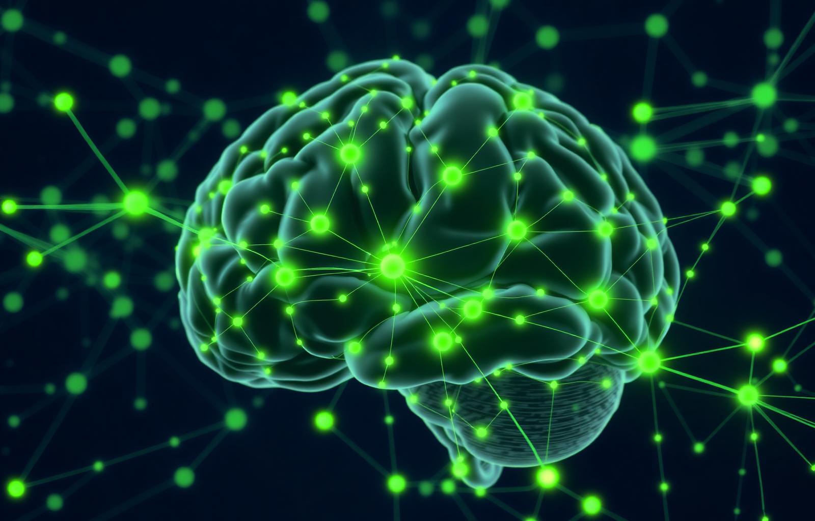 Visualização do cérebro com rede neural representando avaliação neuropsicológica